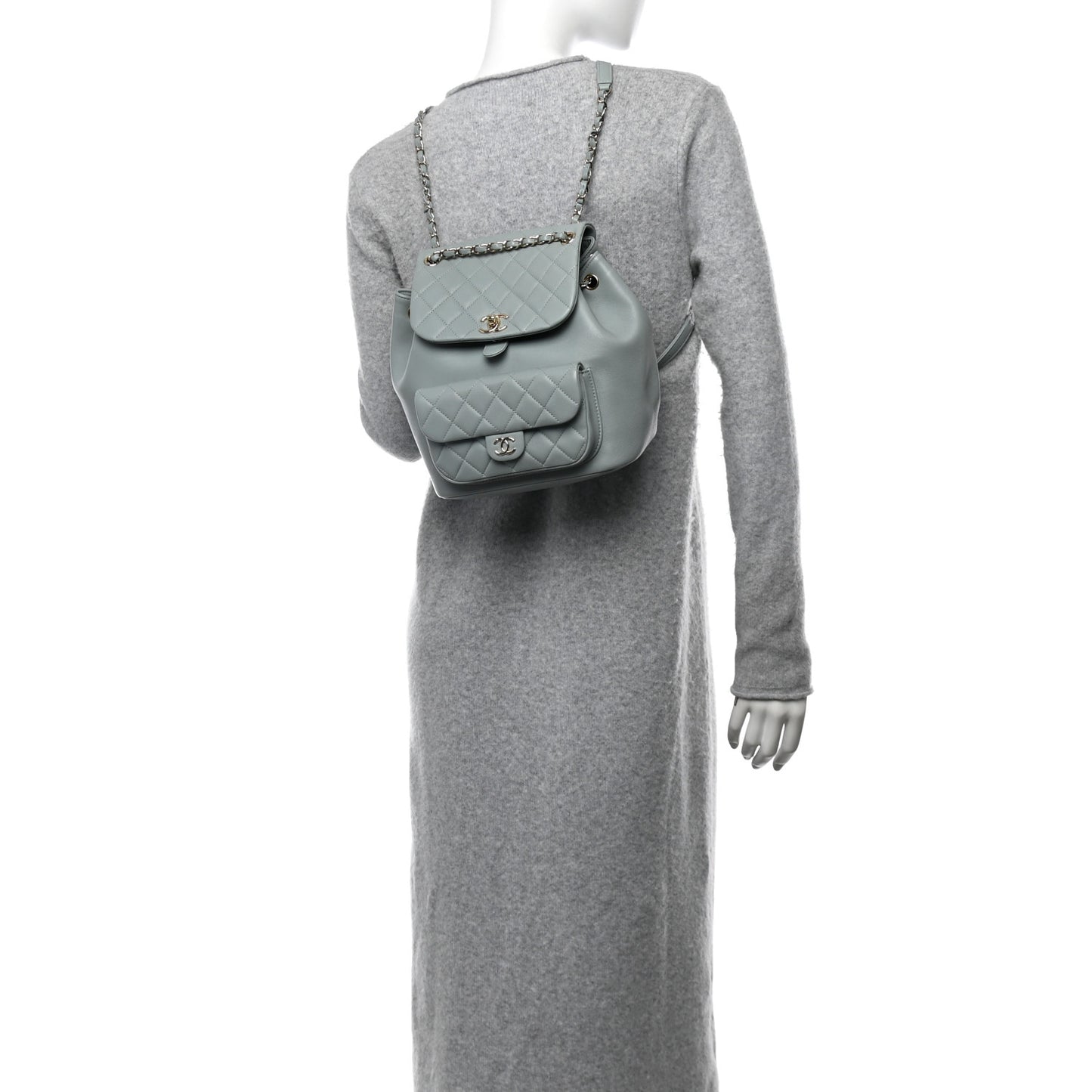 Lambskin Quilted Large Duma Drawstring Backpack Grey