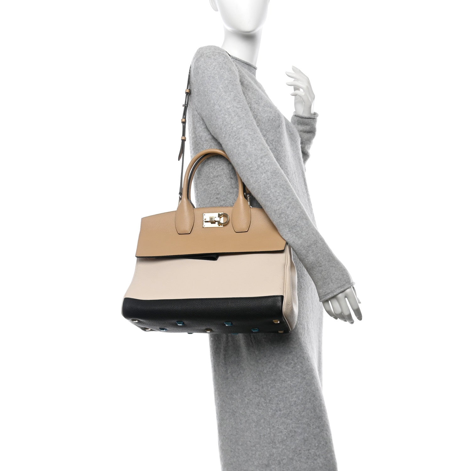 Salvatore Ferragamo Calfskin Large Studio Bag Dune Bone Black 2 of 10