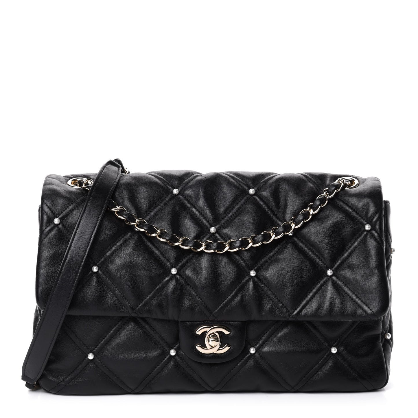 Lambskin Quilted Pearl Studded Flap Black
