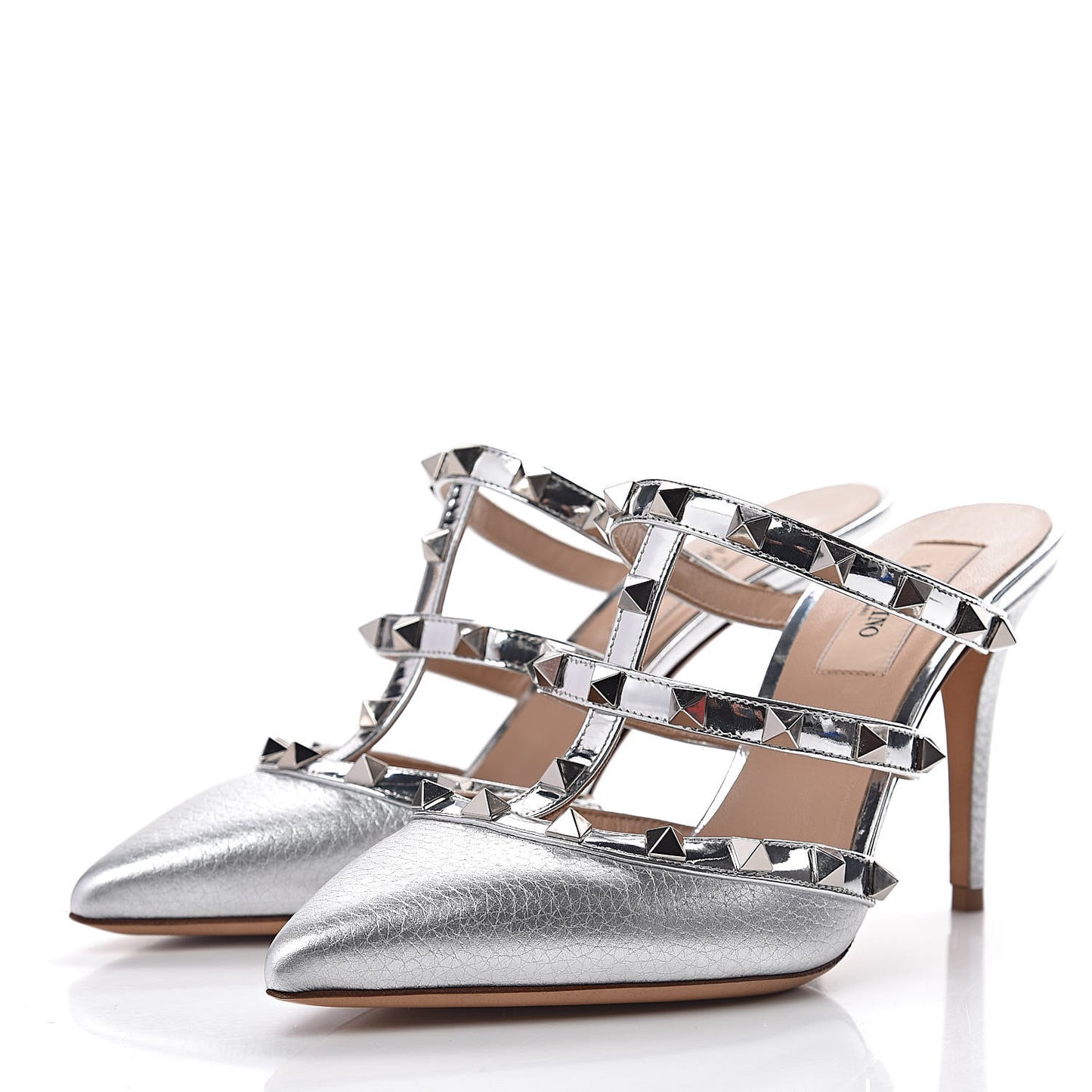Metallic Pebbled Calfskin Rockstud 90mm Cage Mules 36.5 Silver