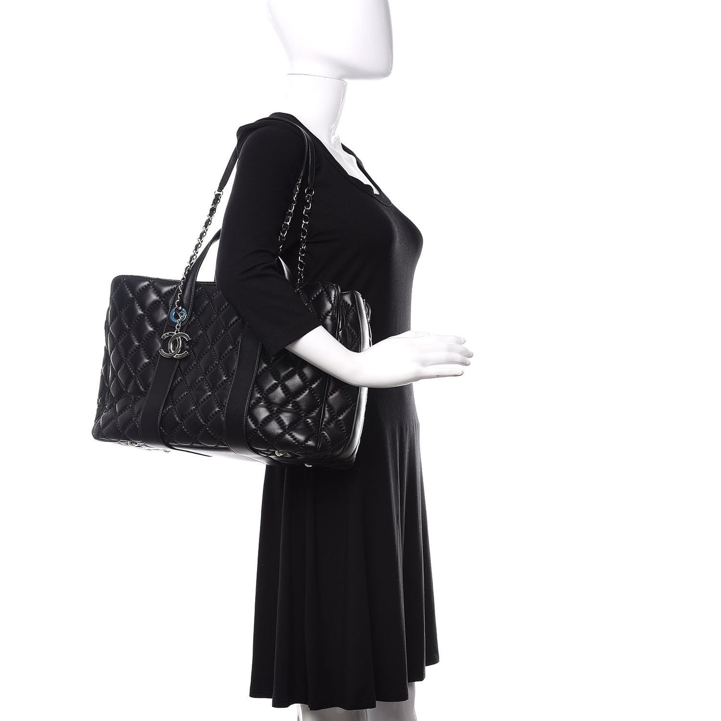 Lambskin Quilted Large Easy Carry Shopping Tote Black