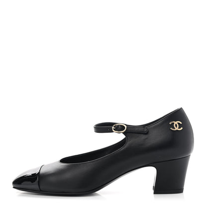 Chanel Patent Lambskin Cap Toe Mary Jane Mid Heel Strap Pumps 36 Black 1 of 20