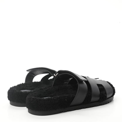 Hermes Calfskin Woolskin Womens Chypre Sandals 40 Black 4 of 9