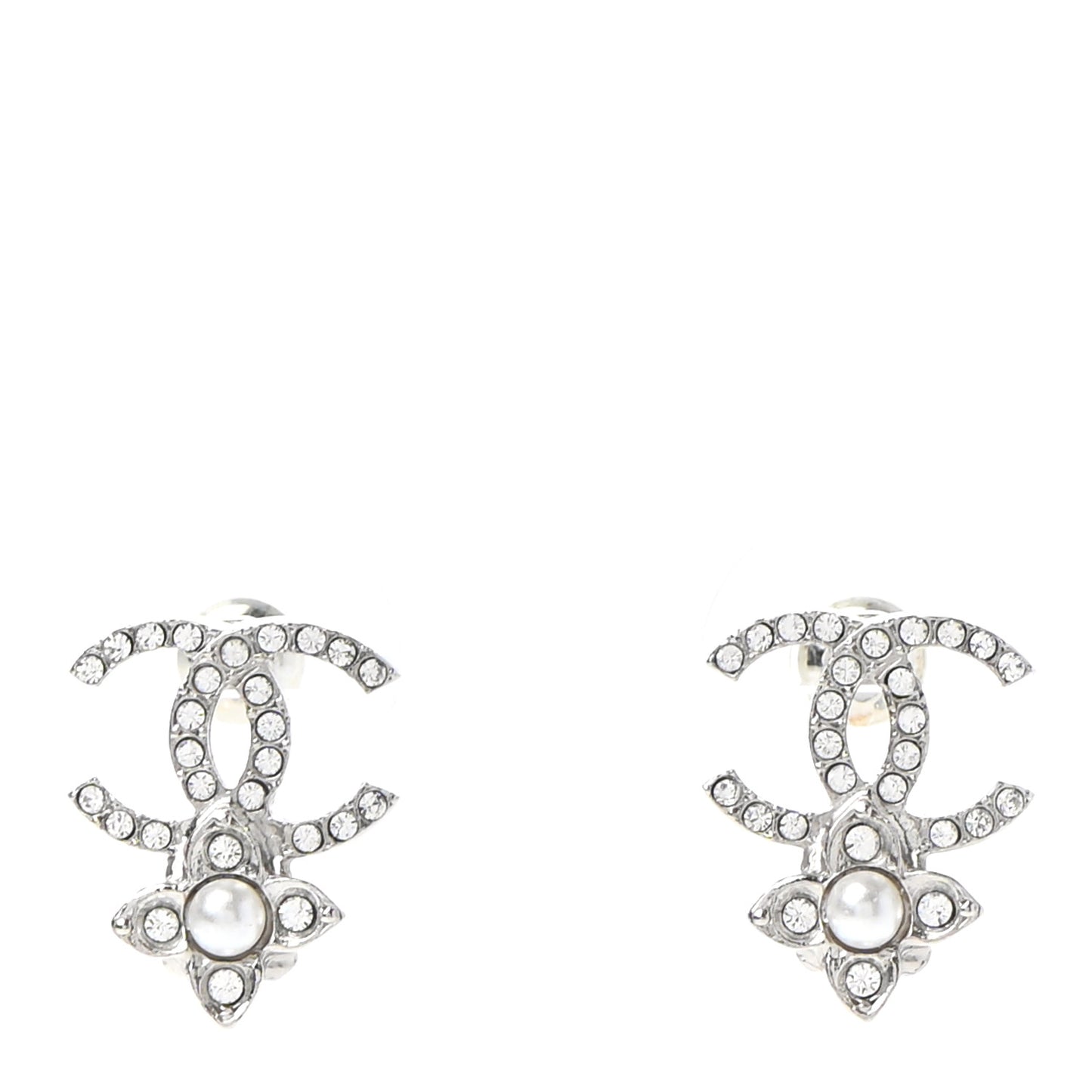 Crystal Pearl Flower CC Earrings Silver