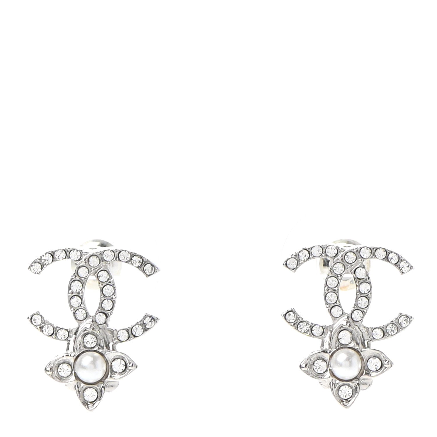 Chanel Crystal Pearl Flower CC Earrings Silver 1 of 5