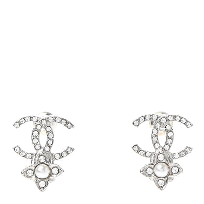 Chanel Crystal Pearl Flower CC Earrings Silver 1 of 5