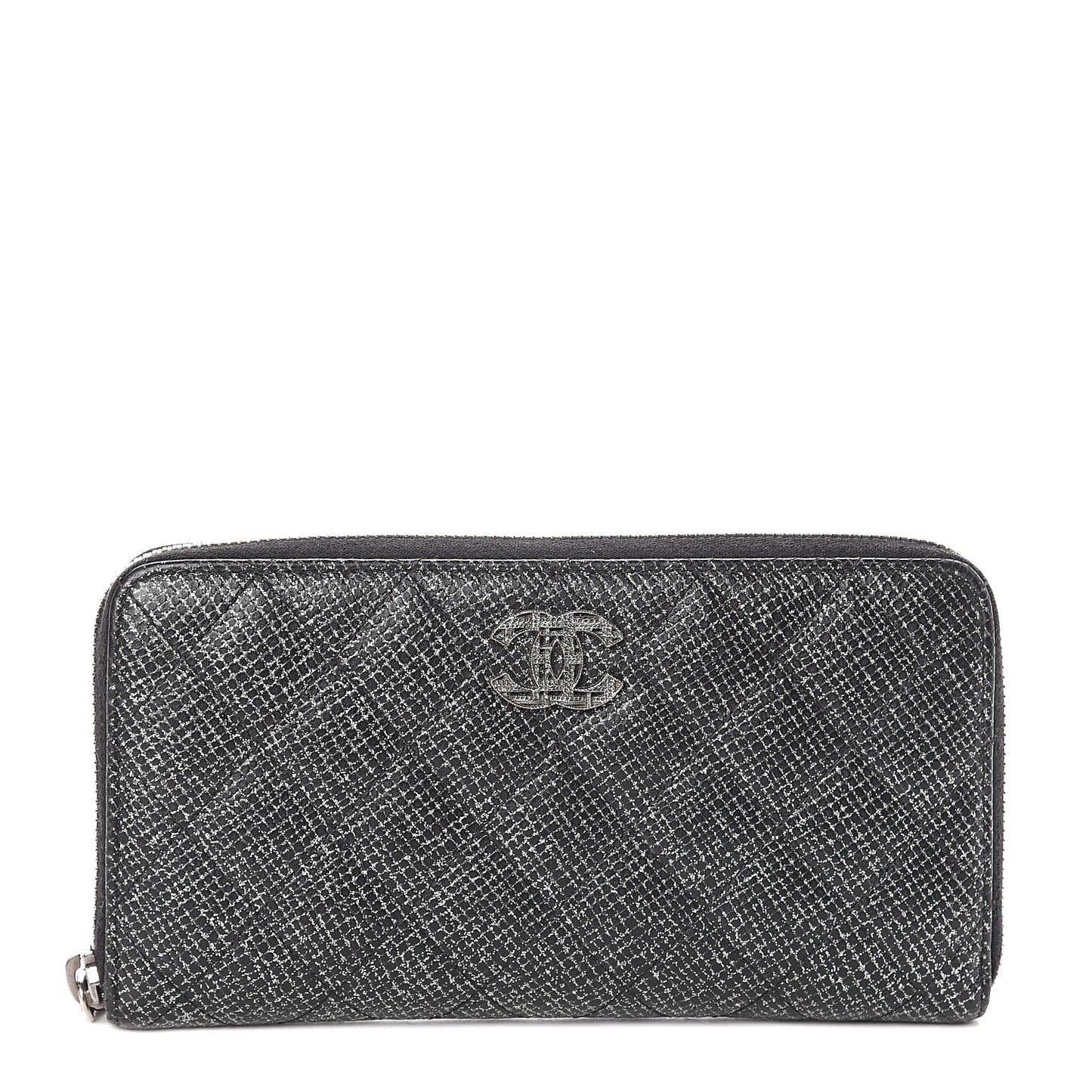 Glittered Calfskin Quilted Large Gusset Zip Wallet Black