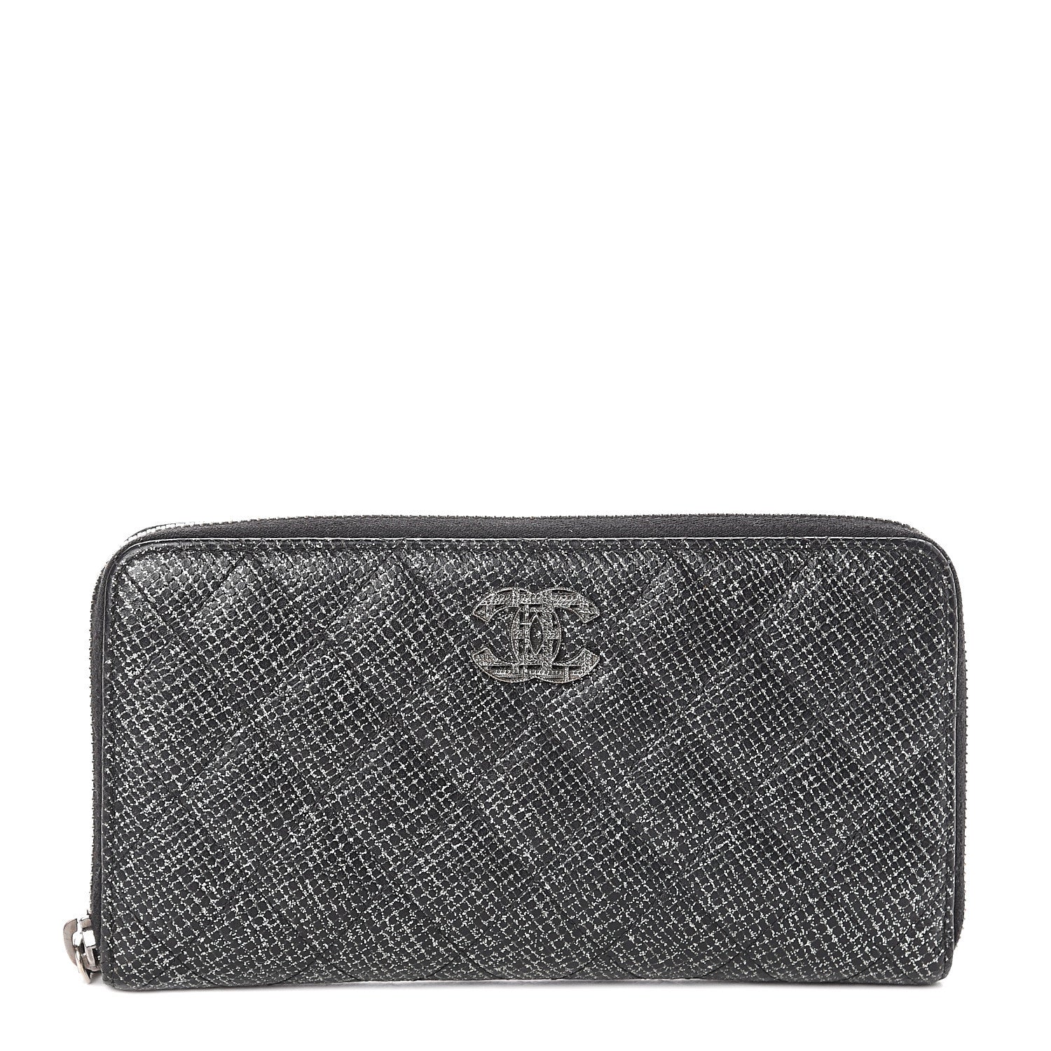 Chanel Glittered Calfskin Quilted Large Gusset Zip Wallet Black 1 of 7