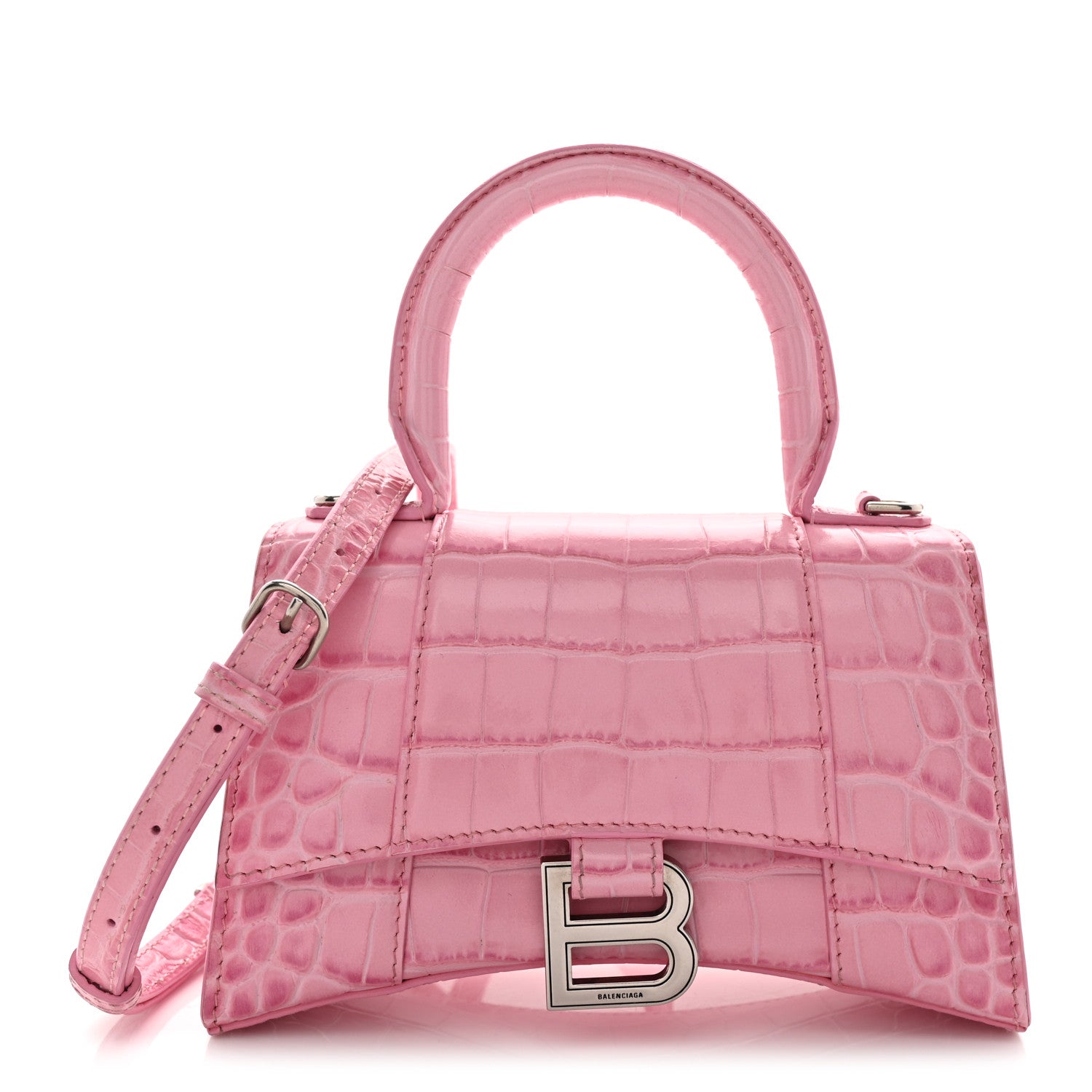 Balenciaga Shiny Calfskin Crocodile Embossed Hourglass Top Handle Bag XS Sweet Pink 1 of 13