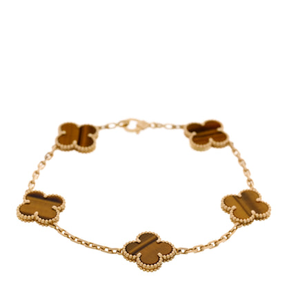 Van Cleef & Arpels 18K Yellow Gold Tiger Eye 5 Motifs Vintage Alhambra Bracelet 1 of 5