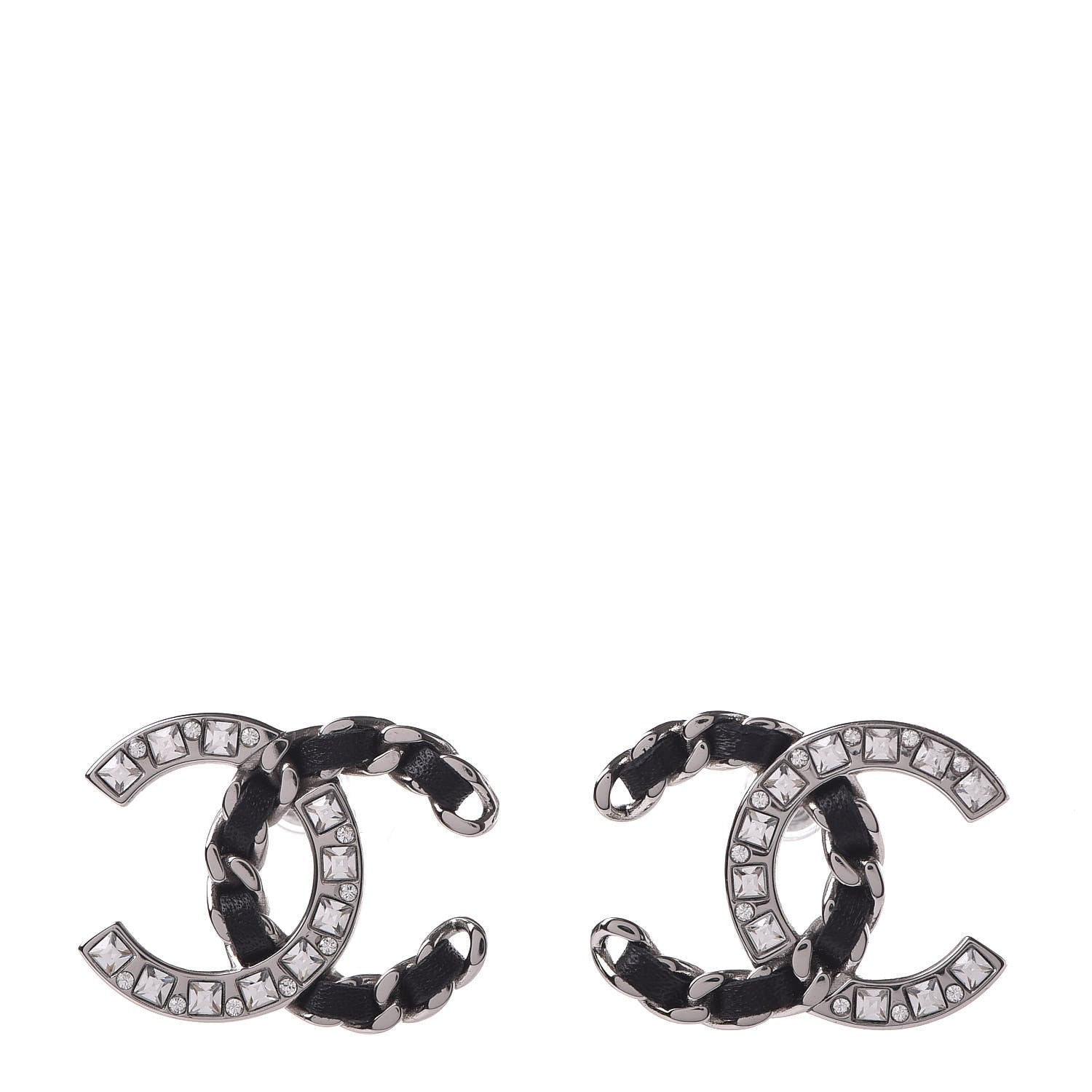 Chanel Crystal Lambskin CC Earrings Silver Black 1 of 5