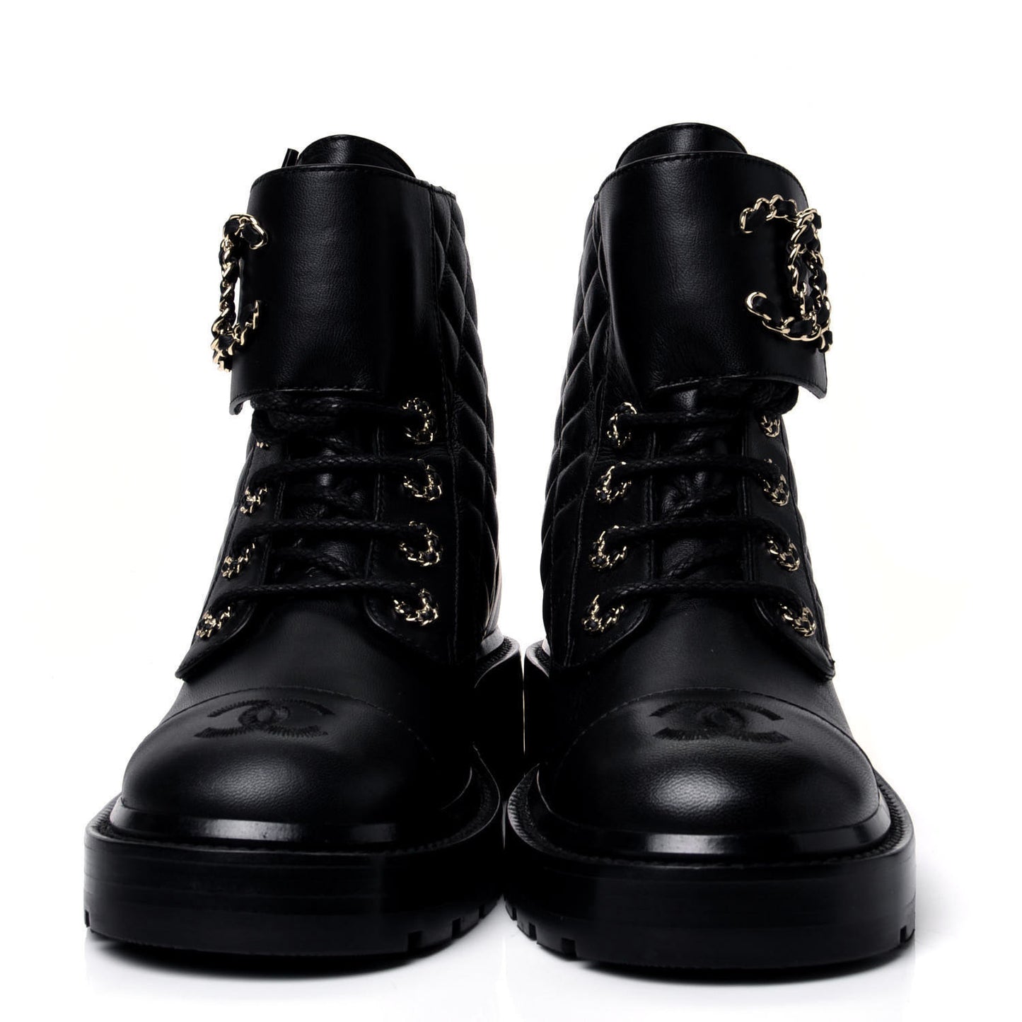 Shiny Lambskin Quilted Lace Up Combat Boots 36 Black
