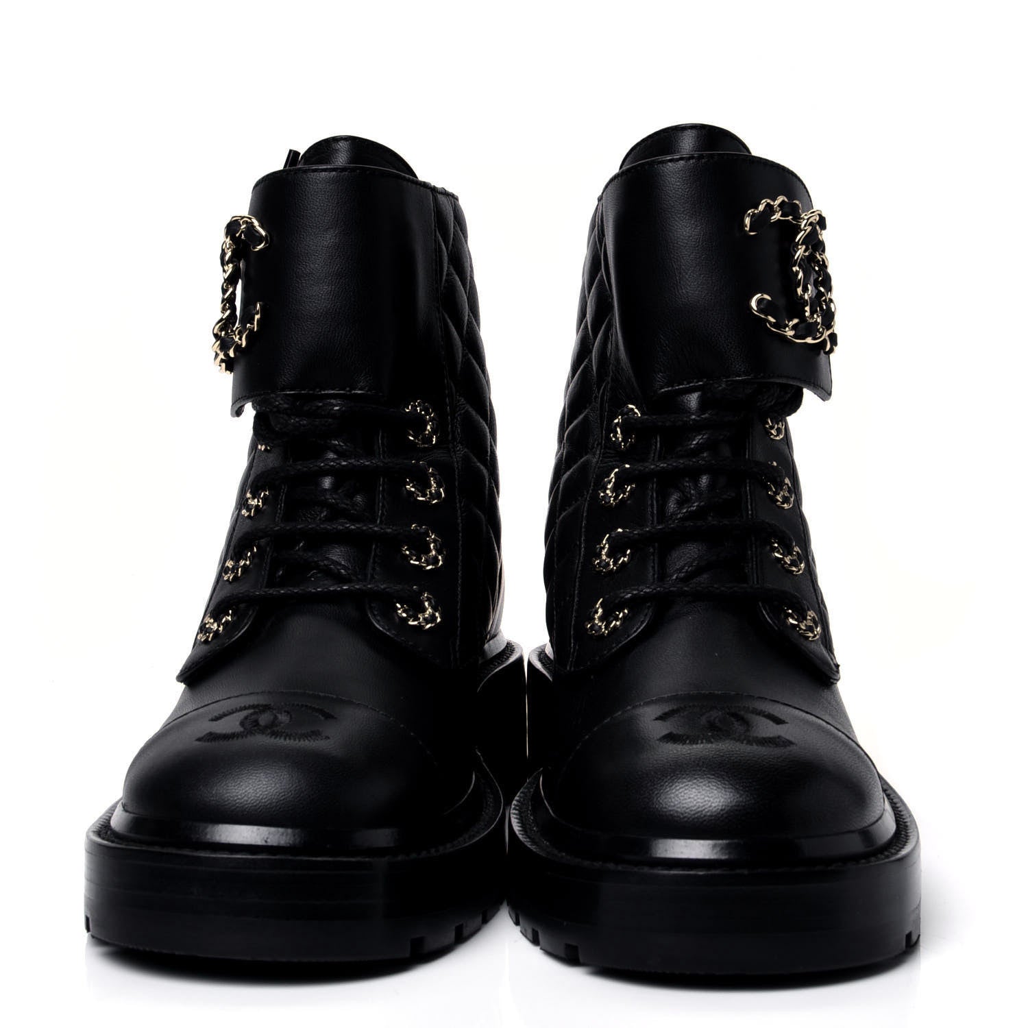 Chanel Shiny Lambskin Quilted Lace Up Combat Boots 36 Black 2 of 12