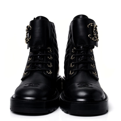 Chanel Shiny Lambskin Quilted Lace Up Combat Boots 36 Black 2 of 12