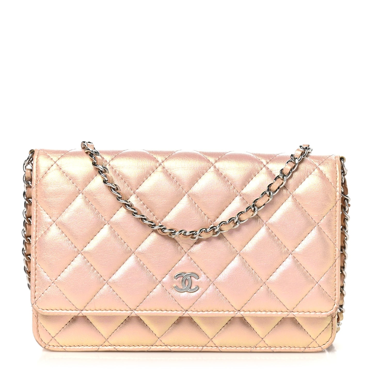 Iridescent Calfskin Quilted Wallet on Chain WOC Pink