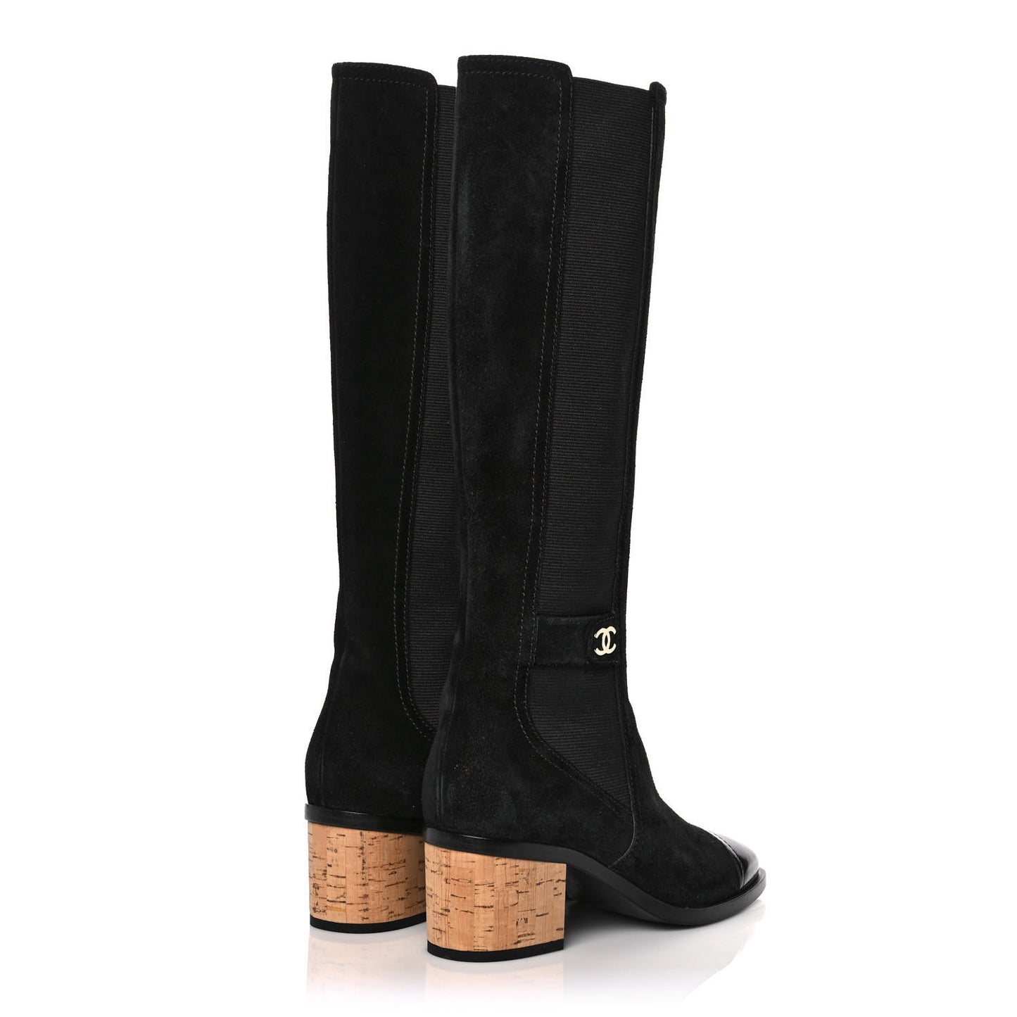 Suede Patent Calfskin CC Cork Cap Toe Tall Boots 38 Black