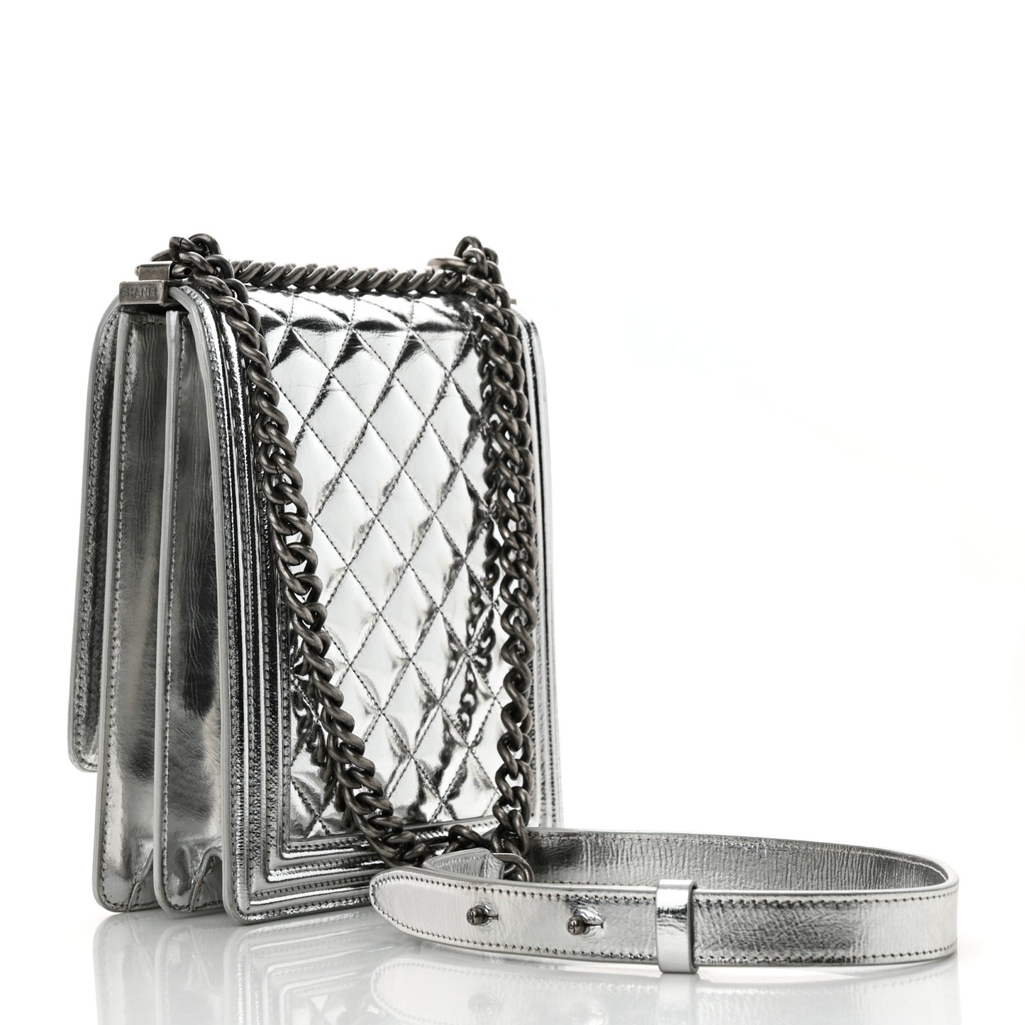 Metallic Goatskin Quilted North South Boy Flap Silver