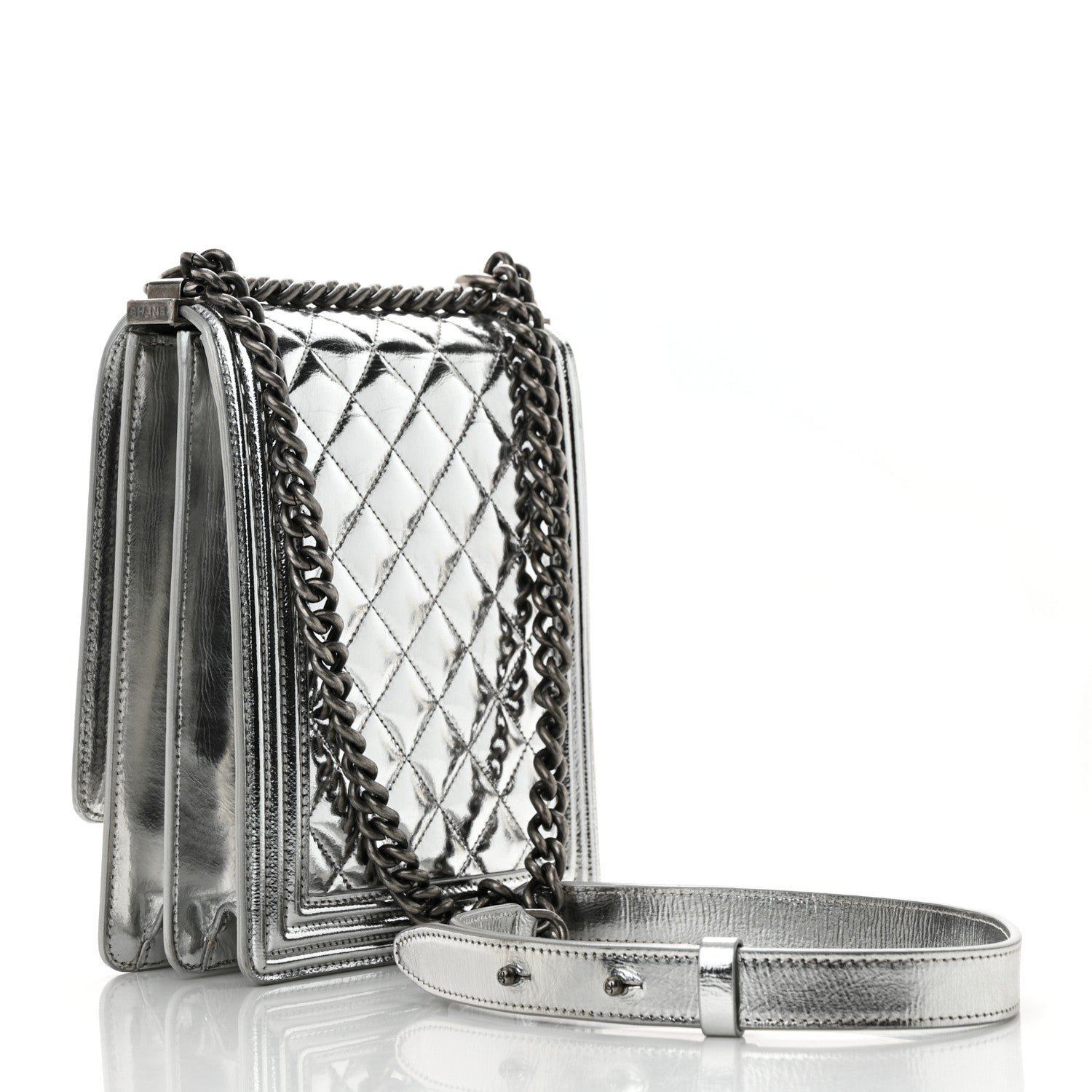 Chanel Metallic Goatskin Quilted North South Boy Flap Silver 2 of 12