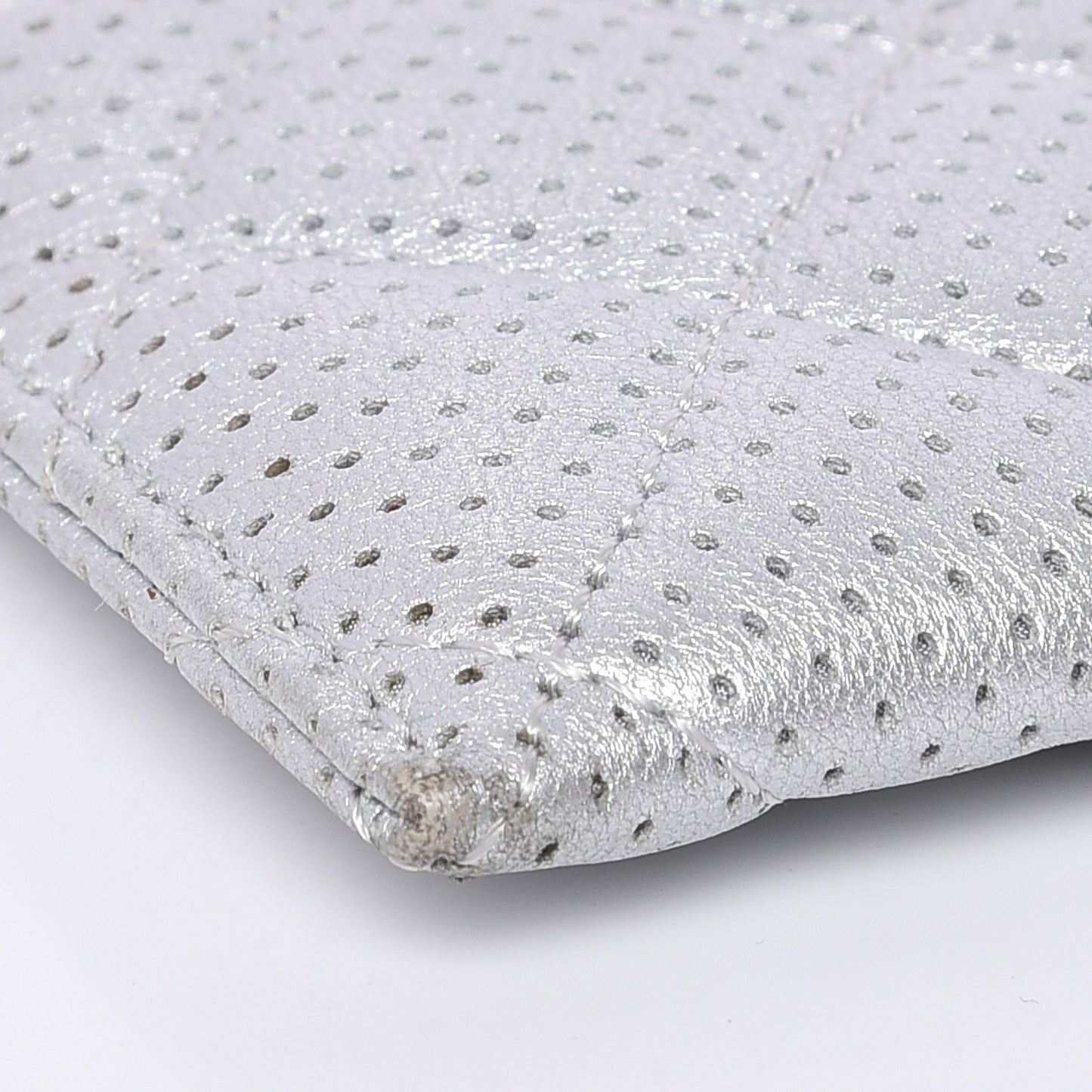 Metallic Lambskin Perforated Quilted Card Holder Silver