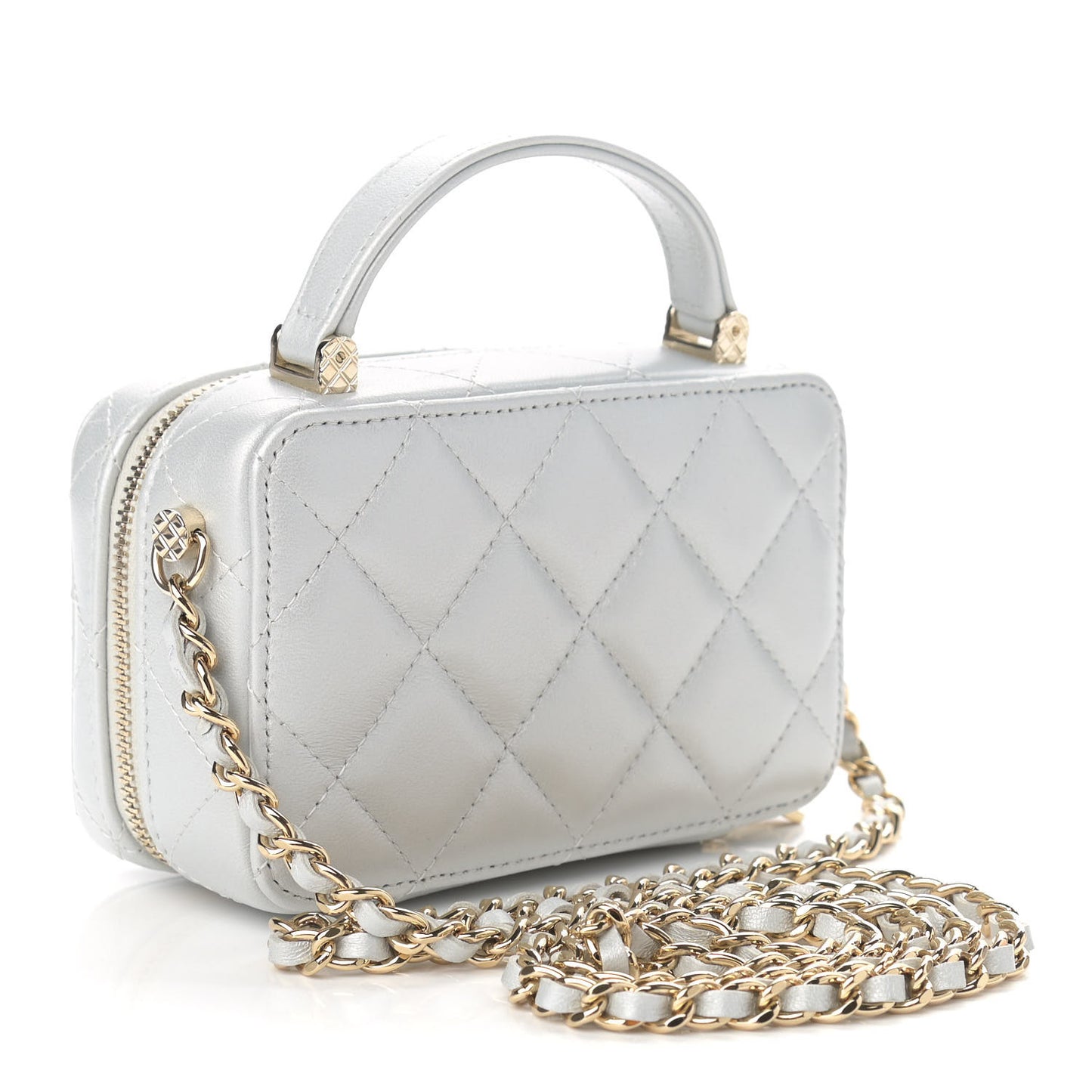 Metallic Lambskin Quilted Top Handle Vanity Case Silver