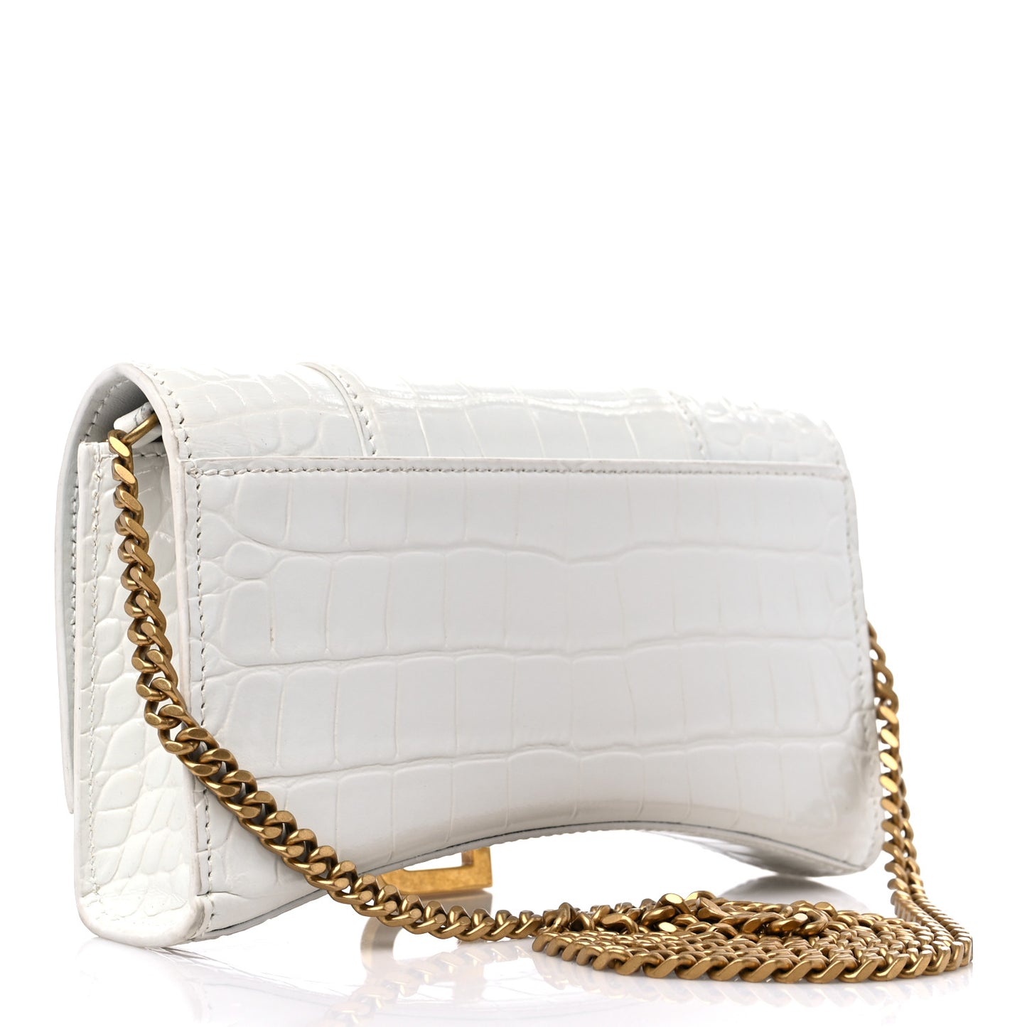 Shiny Calfskin Crocodile Embossed Hourglass Chain Bag White