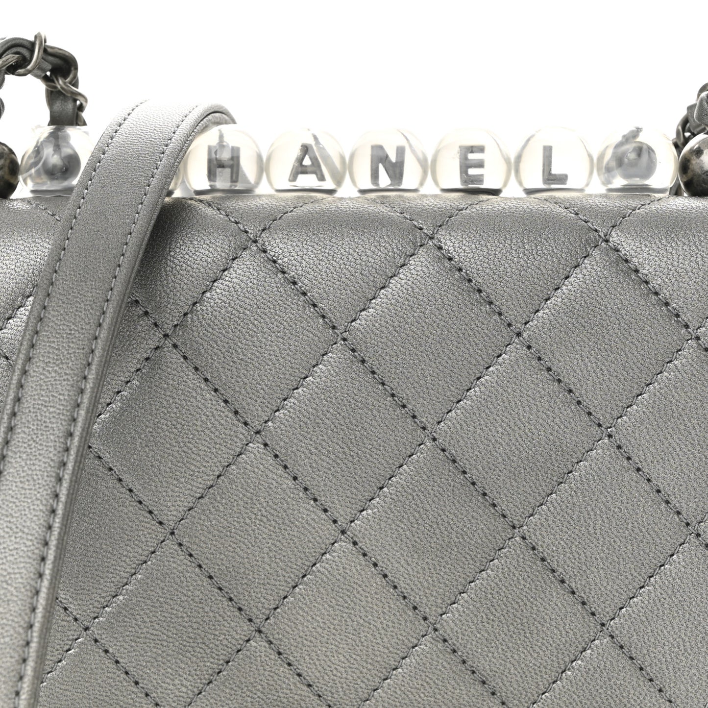 Metallic Goatskin Quilted Chic Pearls Flap Silver
