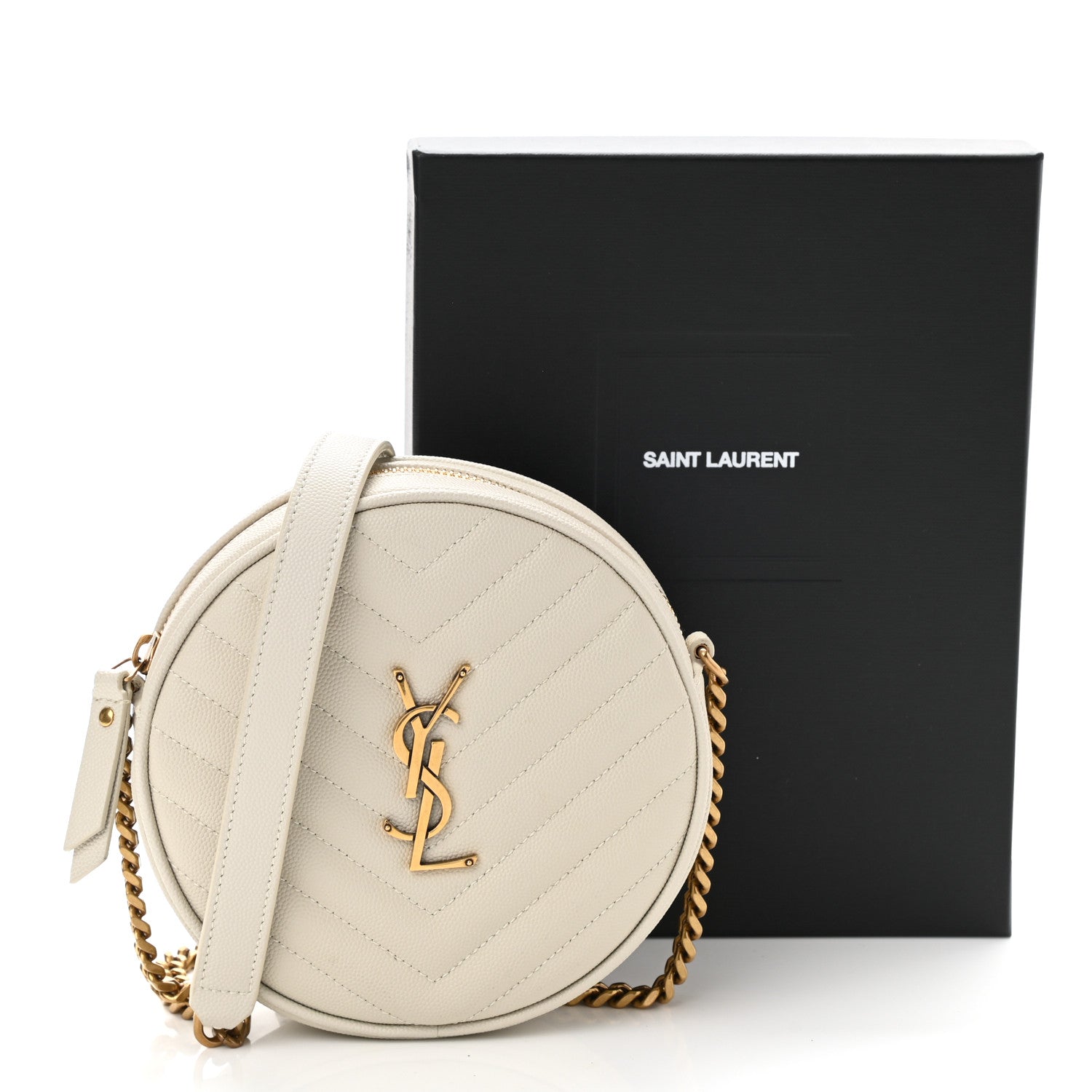 Saint Laurent Grain De Poudre Matelasse Chevron Quilted Round Vinyle Camera Bag White 10 of 10