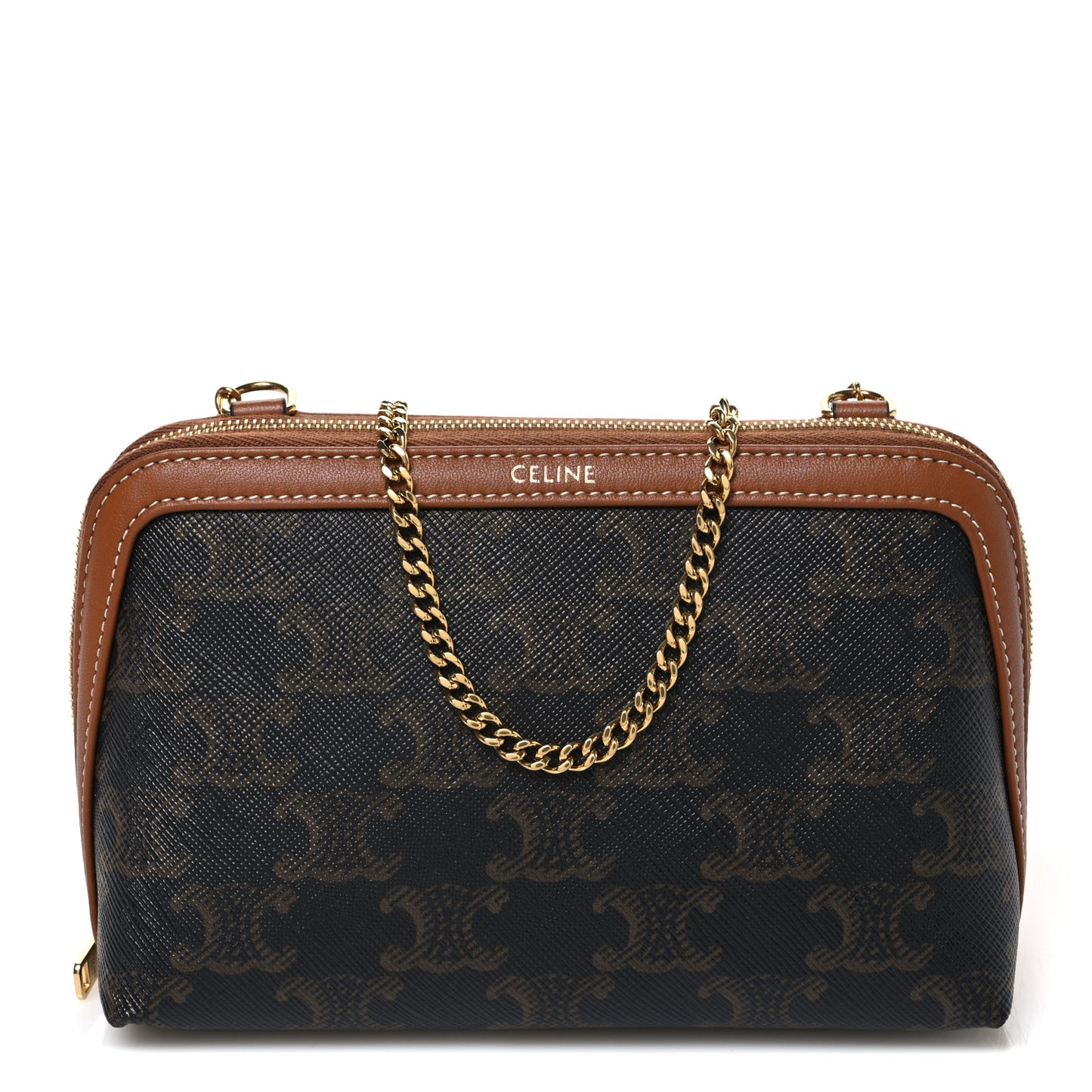 Triomphe Canvas Lambskin Clutch On Chain Tan