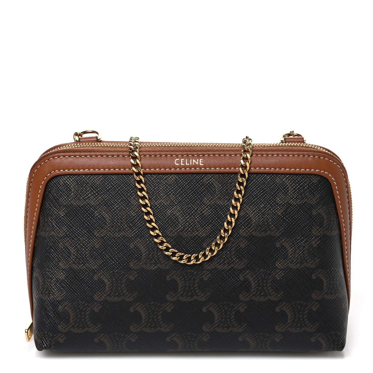 Celine Triomphe Canvas Lambskin Clutch On Chain Tan 1 of 11