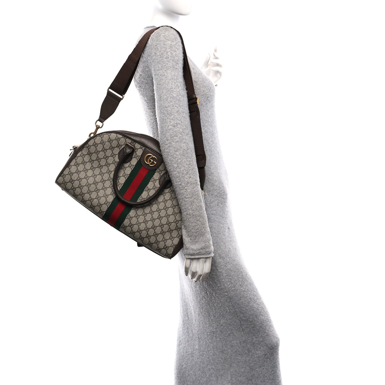 Gucci GG Supreme Monogram Textured Dollar Calfskin Web Medium Savoy Bowling Bag Beige Ebony New Acero 3 of 11