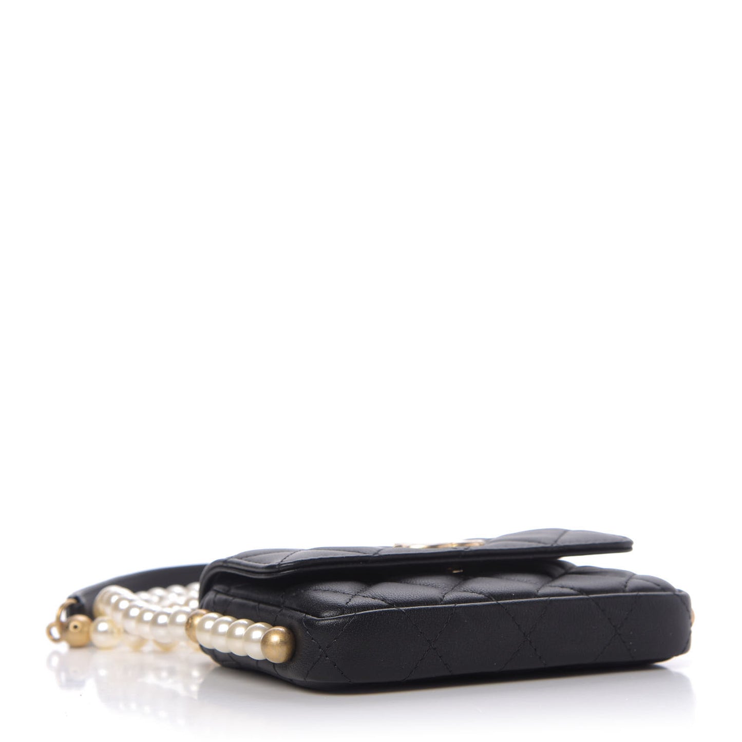 Calfskin Quilted About Pearls Card Holder Flap With Chain Black