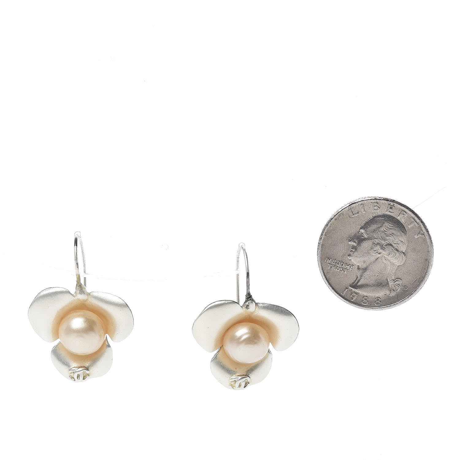 Chanel Pearl Camellia CC Drop Earrings Silver 2 of 4