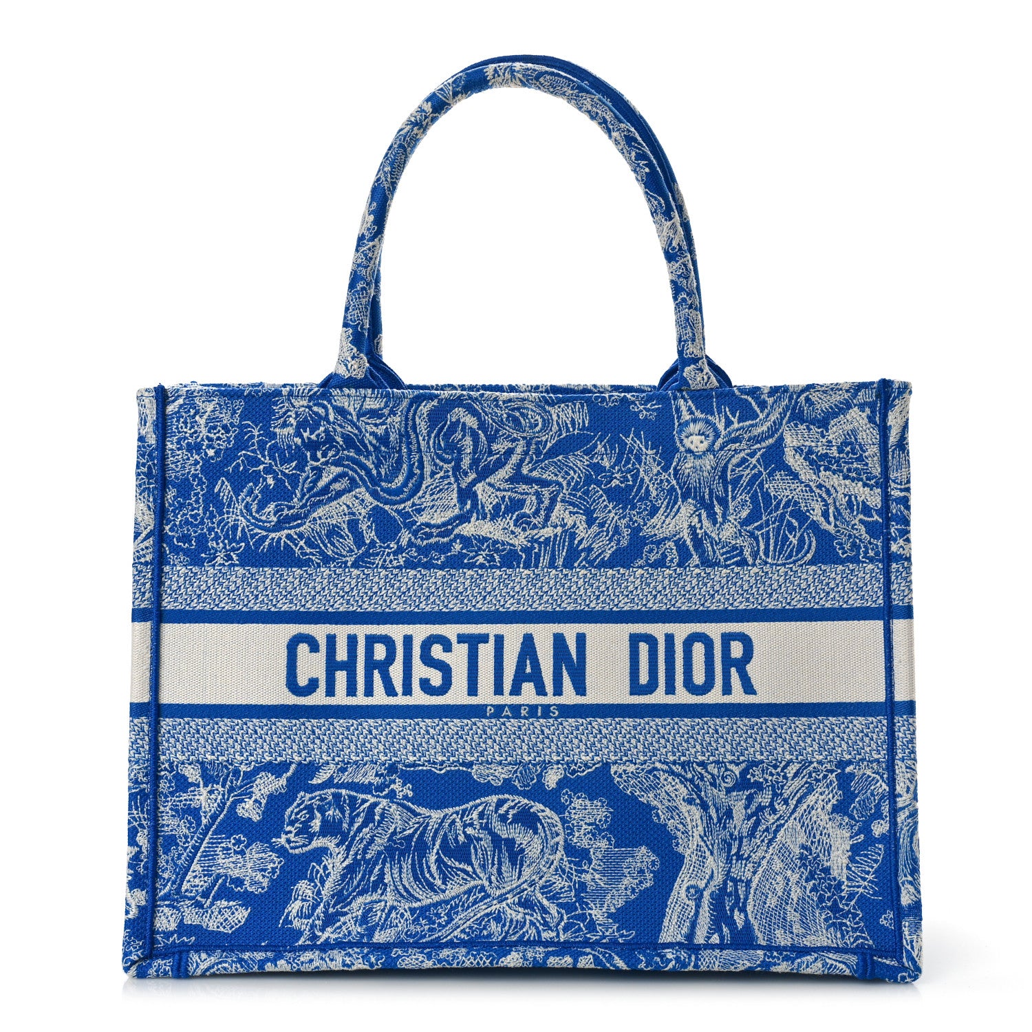 Christian Dior Canvas Embroidered Medium Dioriviera Toile De Jouy Book Tote Fluorescent Blue 1 of 8
