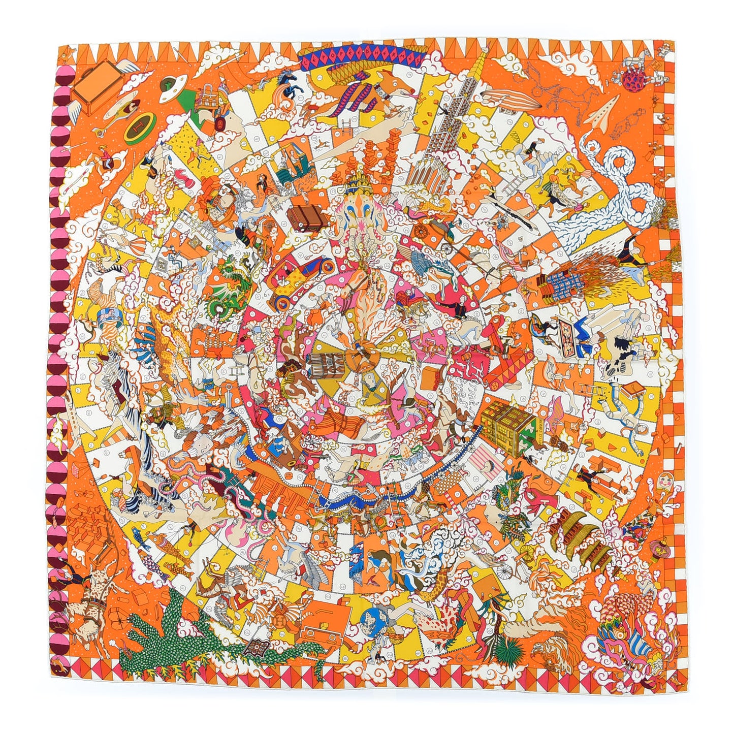 Cashmere Silk L'Epopee D' Hermes Shawl 140 Orange Jaune Multicolor