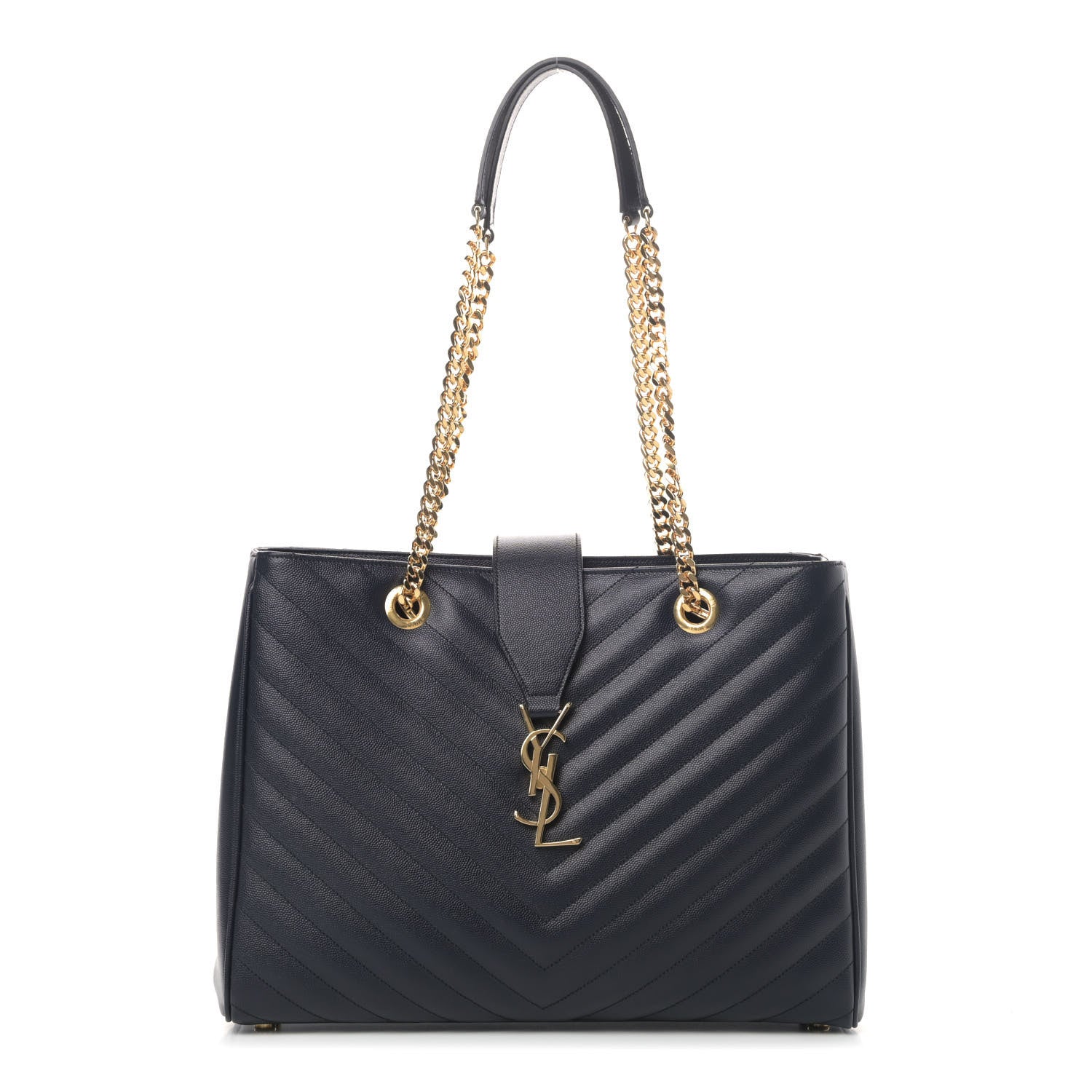 Saint Laurent Grain De Poudre Matelasse Chevron Monogram Shopping Bag Deep Marine 1 of 4