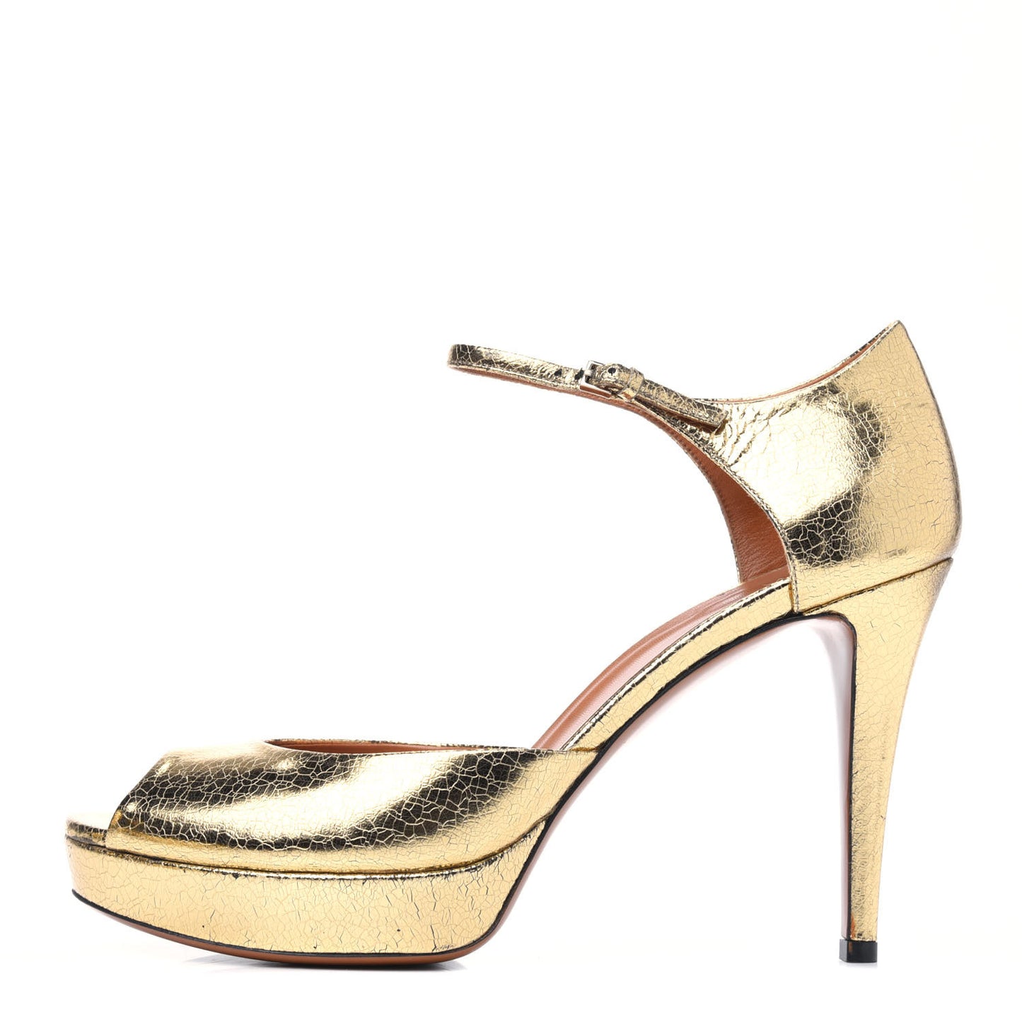 Metallic Calfskin Open Toe Ankle Strap Pumps 41 Gold