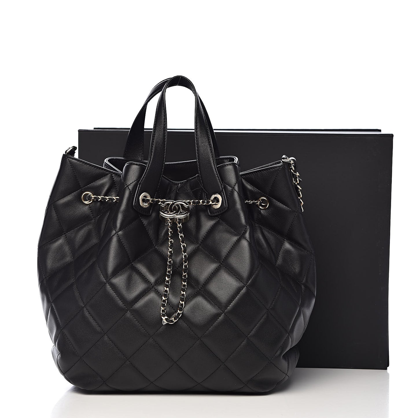 Lambskin Quilted CC Dweller Drawstring Tote Black