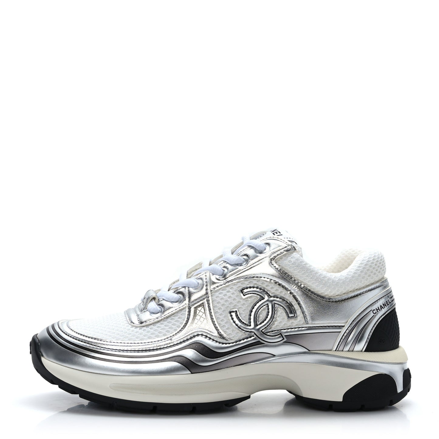 Fabric Laminated Calfskin Stretch CC Sneakers 36.5 White Silver