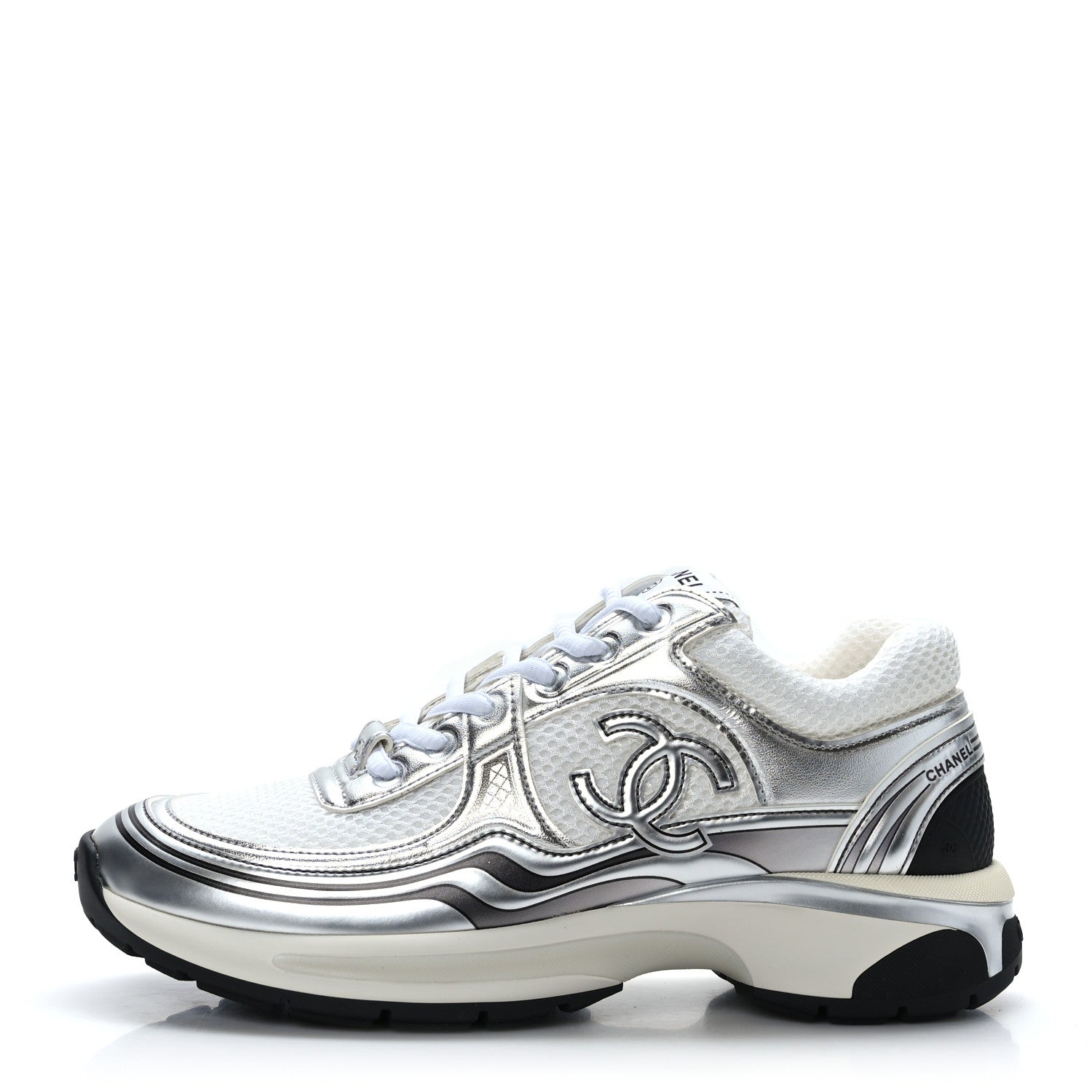 Chanel Fabric Laminated Calfskin Stretch CC Sneakers 36.5 White Silver 1 of 8