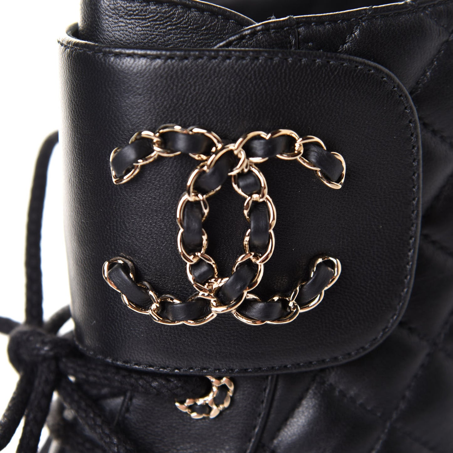 Shiny Lambskin Quilted Lace Up Combat Boots 39.5 Black