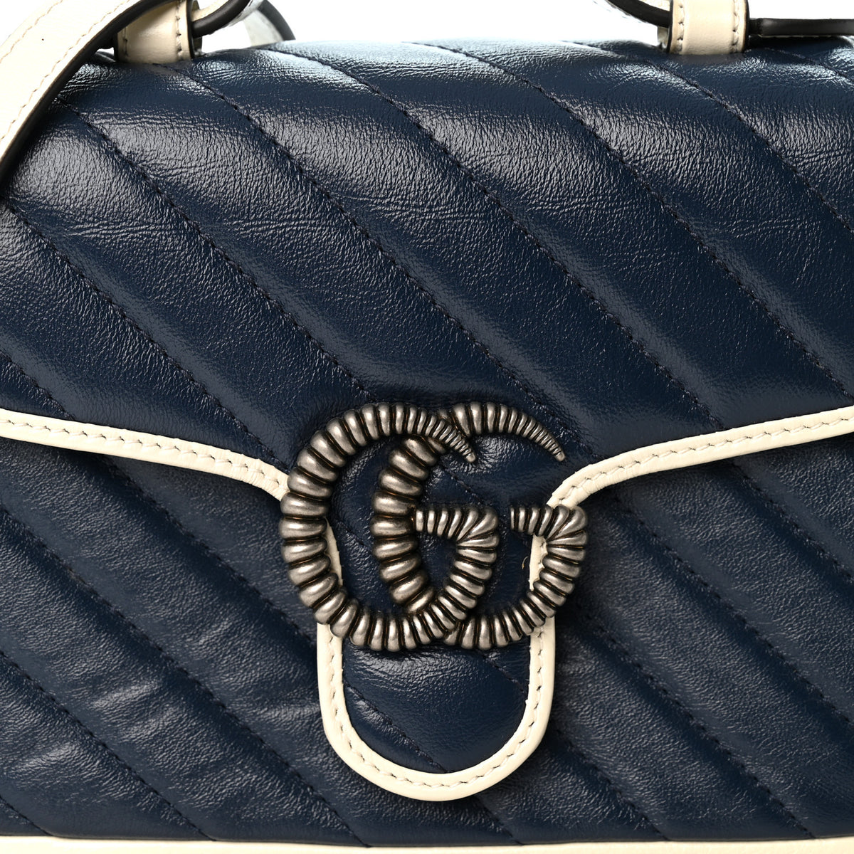 Vintage Effect Calfskin Matelasse Diagonal Mini Torchon GG Marmont Top Handle Shoulder Bag Blue Agata Mystic White