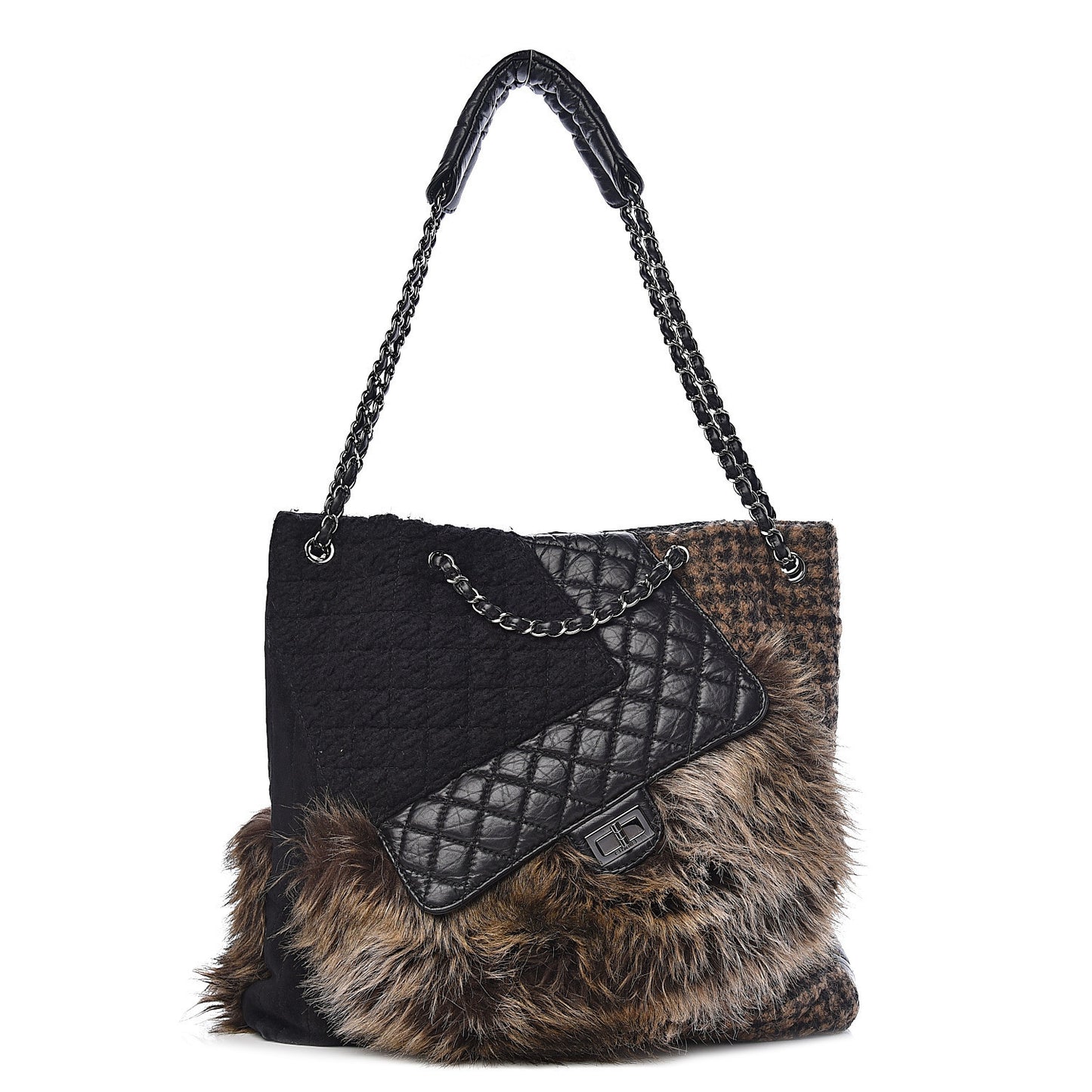 Tweed Lambskin Fantasy Fur Karl's Cabas Tote Black