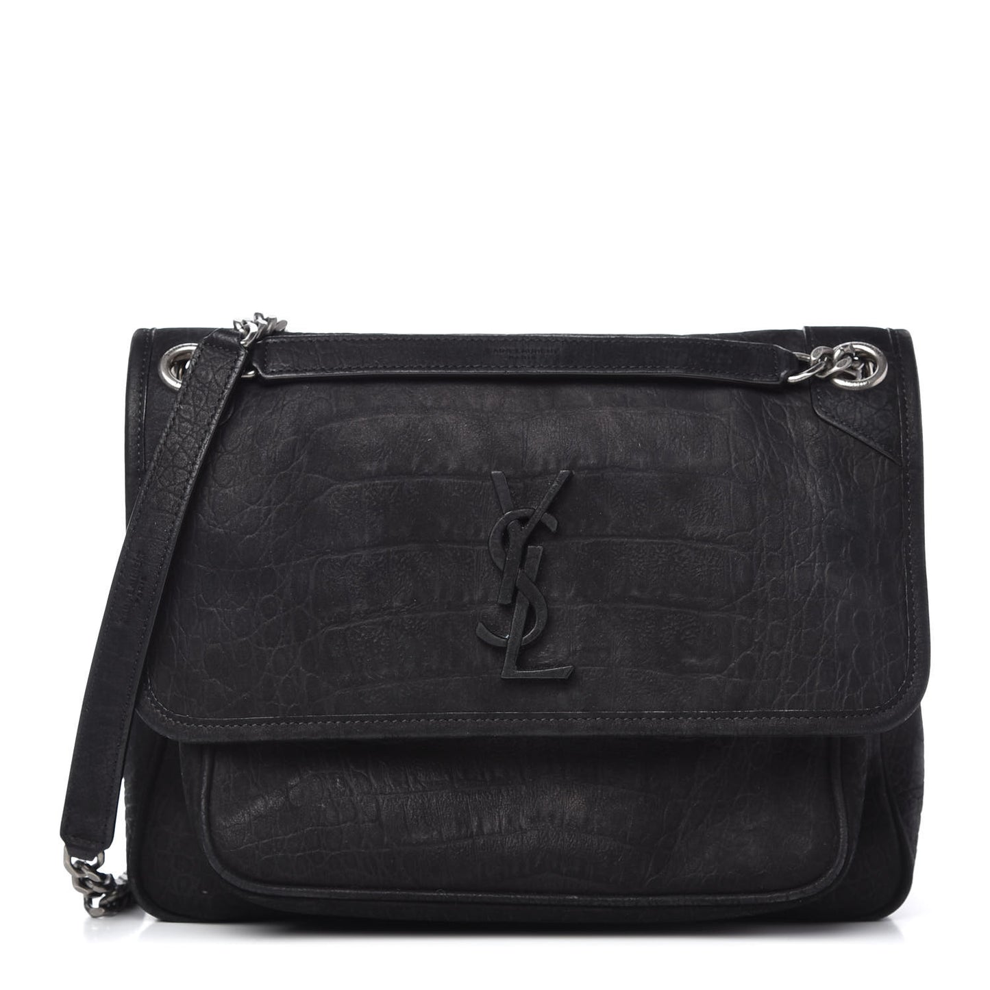 Nubuck Crocodile Embossed Monogram Medium Niki Chain Satchel Black