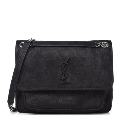 Saint Laurent Nubuck Crocodile Embossed Monogram Medium Niki Chain Satchel Black 1 of 10