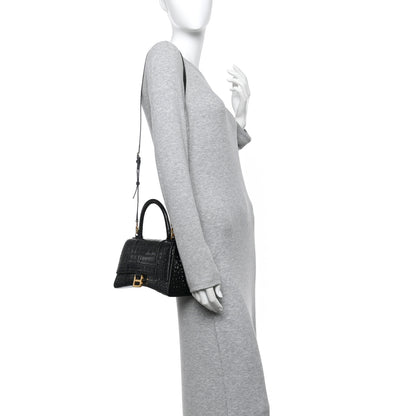 Balenciaga Shiny Calfskin Crocodile Embossed Small Hourglass Top Handle Bag Black 2 of 13