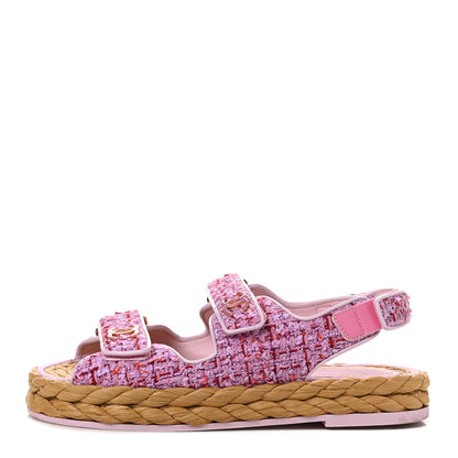 Chanel Tweed Patent Calfskin Velcro Dad Sandals 37.5 Pink Multicolor 1 of 9