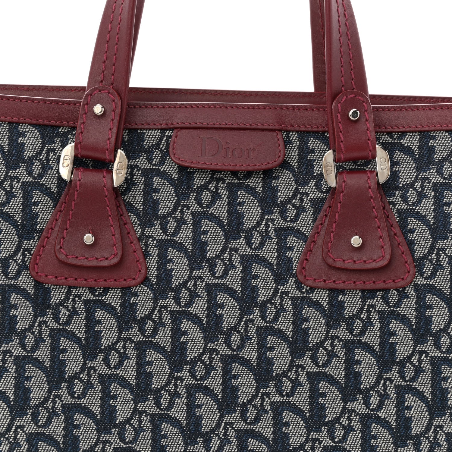 Christian Dior Denim Calfskin Monogram Tote Navy Blue Red 8 of 11