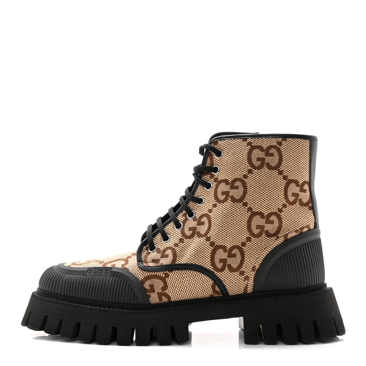 Gucci Monogram Jumbo GG Miro Soft Calfskin Mens Lace Up Combat Boots 8 Camel Ebony Black 1 of 12