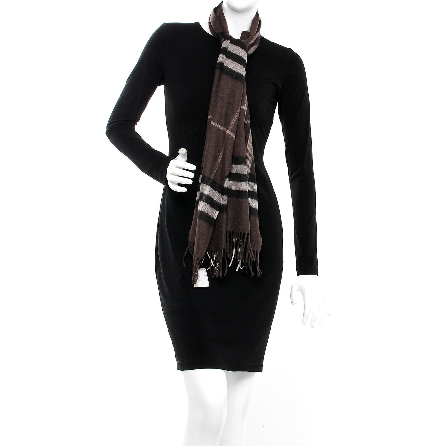 Cashmere Giant Check Fringe Scarf Bitter Chocolate