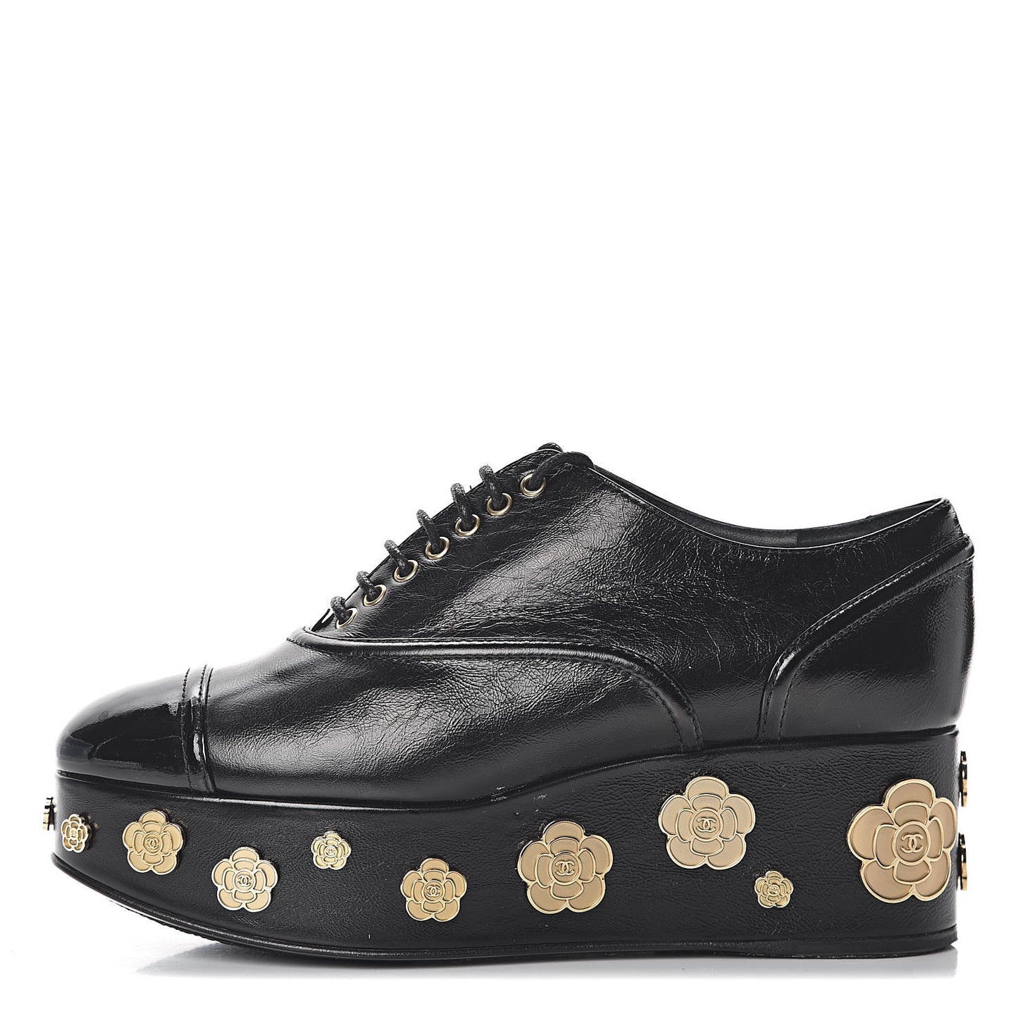 Crumpled Calfskin Lace Up Platform Oxford 37.5 Black